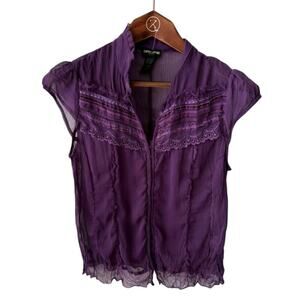 Vintage‎ Guess Jeans Purple Sheer Cap Sleeve Y2KBlouse Size L – Lace Detail, Y2K
